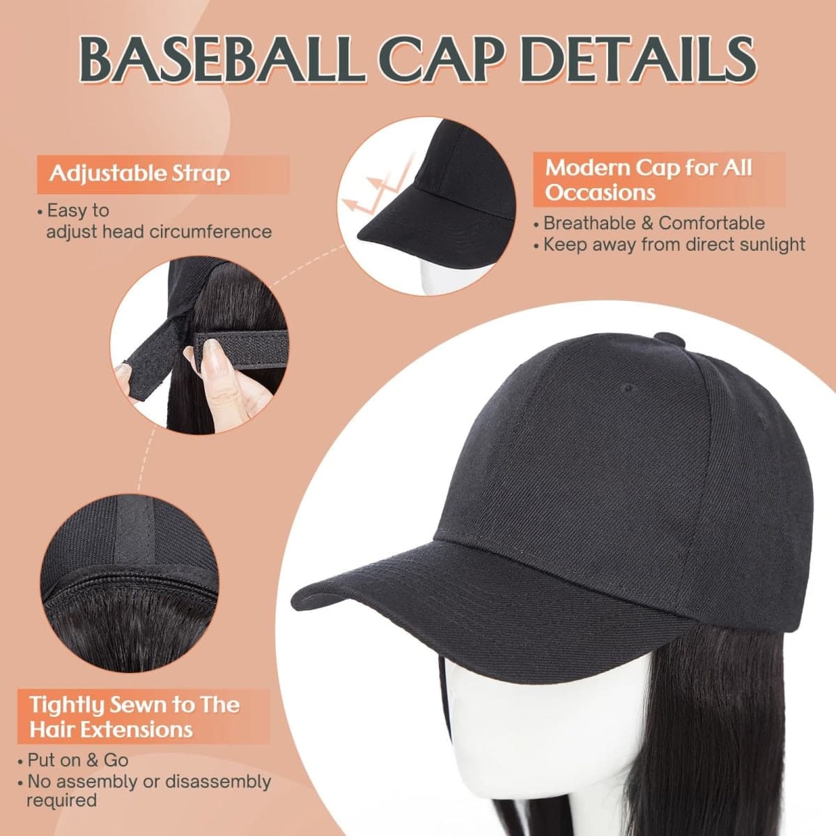 Benehair Hat Wig Extensions, Baseball Cap with Synthetic Hair Attached, Adjustable Wig Hairpieces for Women Daily Outdoor, 6 Inch Short Straight Brown Mix Blonde Hair with Green Cap thumbnail 5