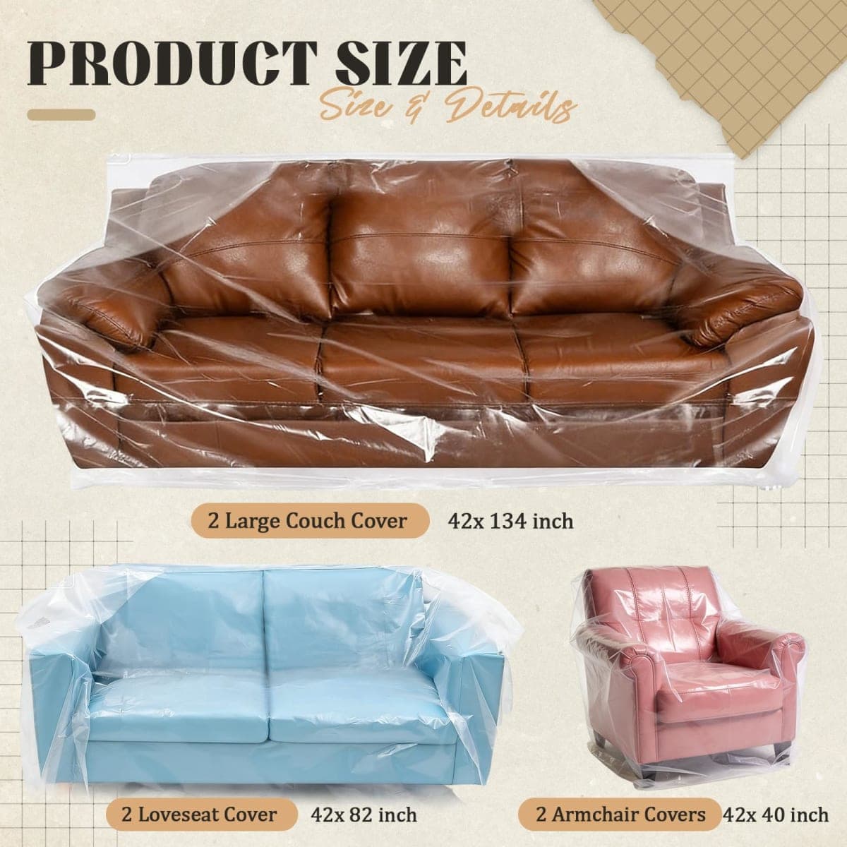 Breling 6 Pcs 3 Sizes Furniture Moving Covers for Couch Sofa Loveseat Armchair 4 Mil Thick Plastic Drop Cloths Clear Furniture Moving Protector for Cover and Storage, 134" x 42", 82" x 42", 42" x 40" thumbnail 2