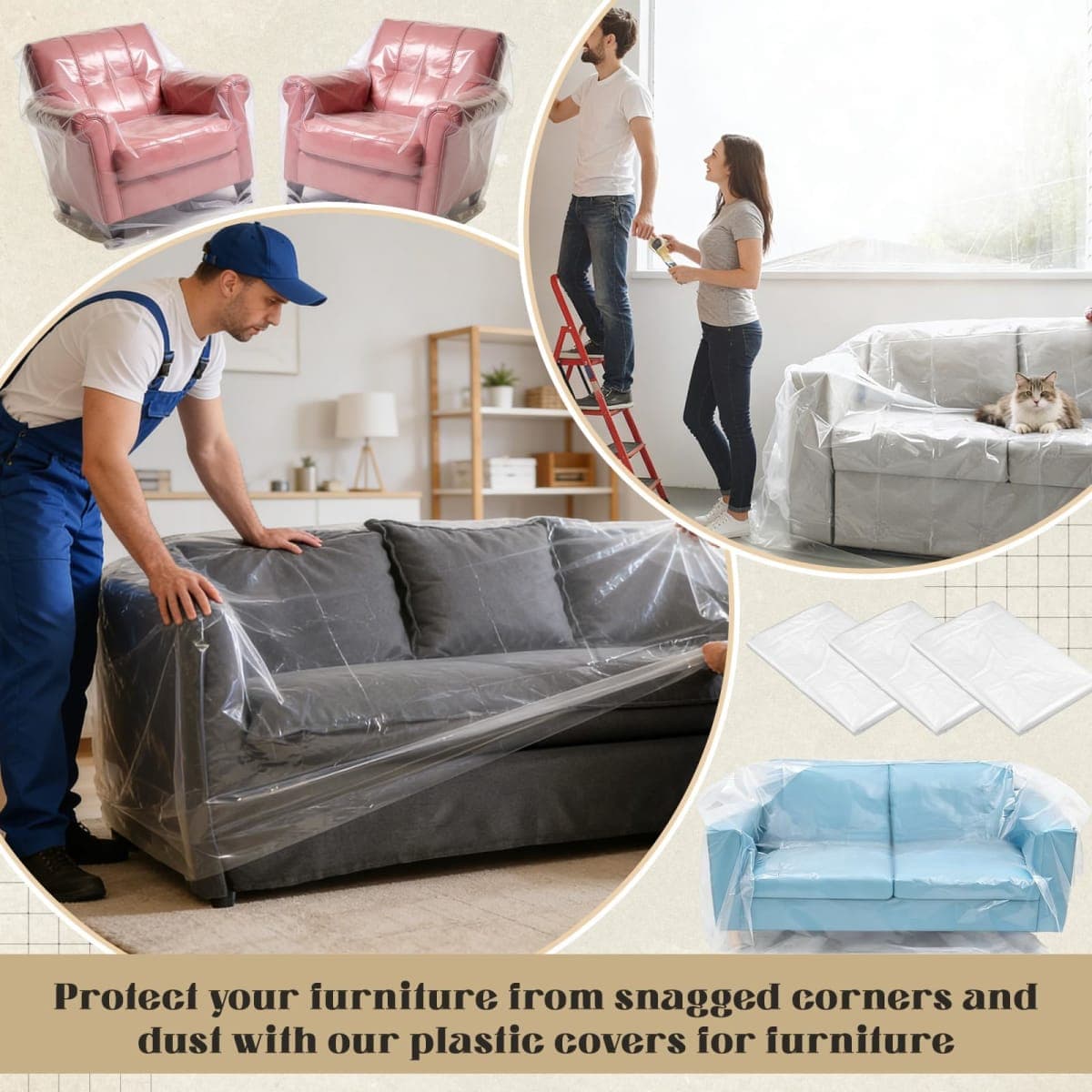 Breling 6 Pcs 3 Sizes Furniture Moving Covers for Couch Sofa Loveseat Armchair 4 Mil Thick Plastic Drop Cloths Clear Furniture Moving Protector for Cover and Storage, 134" x 42", 82" x 42", 42" x 40" thumbnail 5
