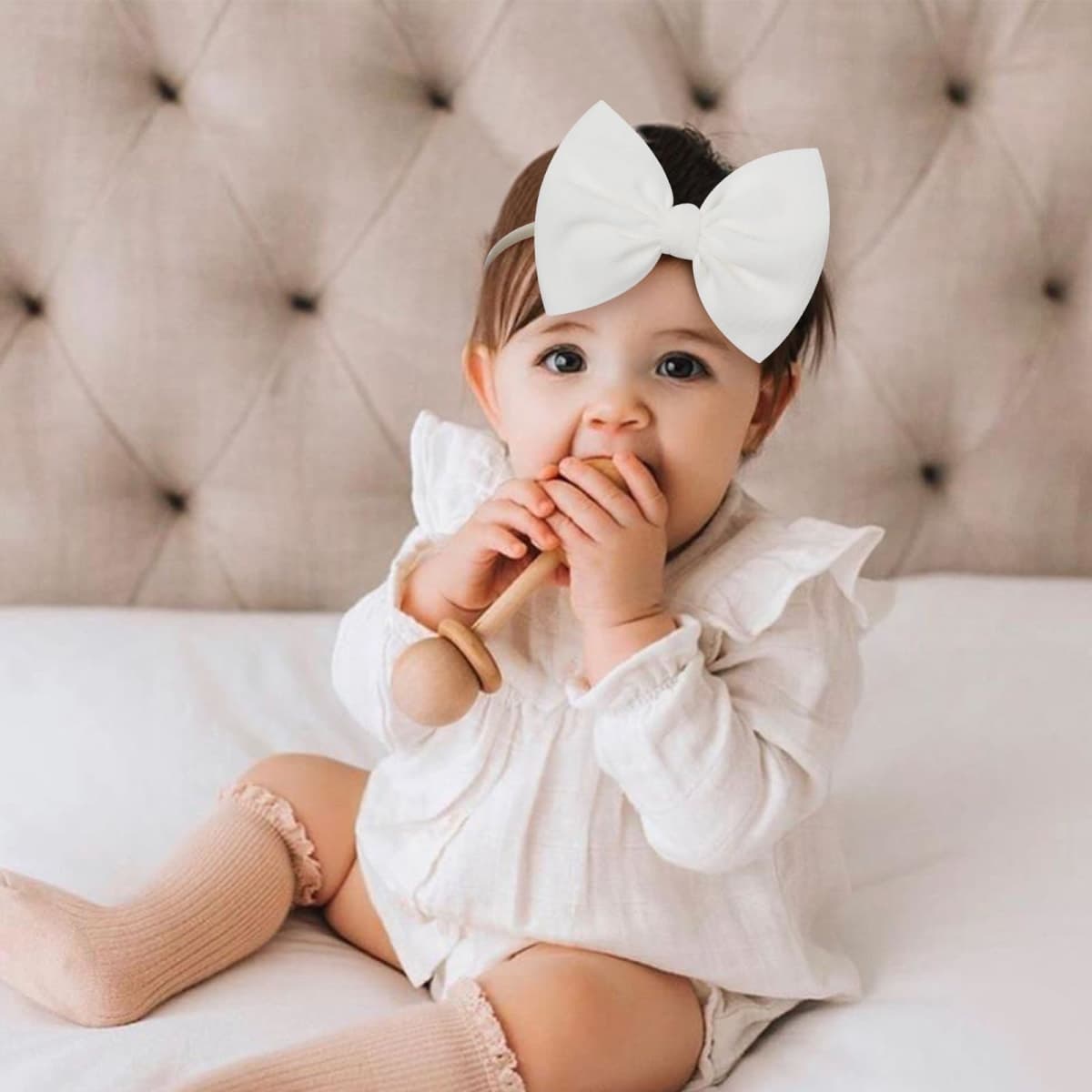 YanJie Baby Girls Nylon Headbands Newborn Bows Handmade Hair Hairbands Accessories for Infant Toddlers Kids(Beige Black White) thumbnail 4