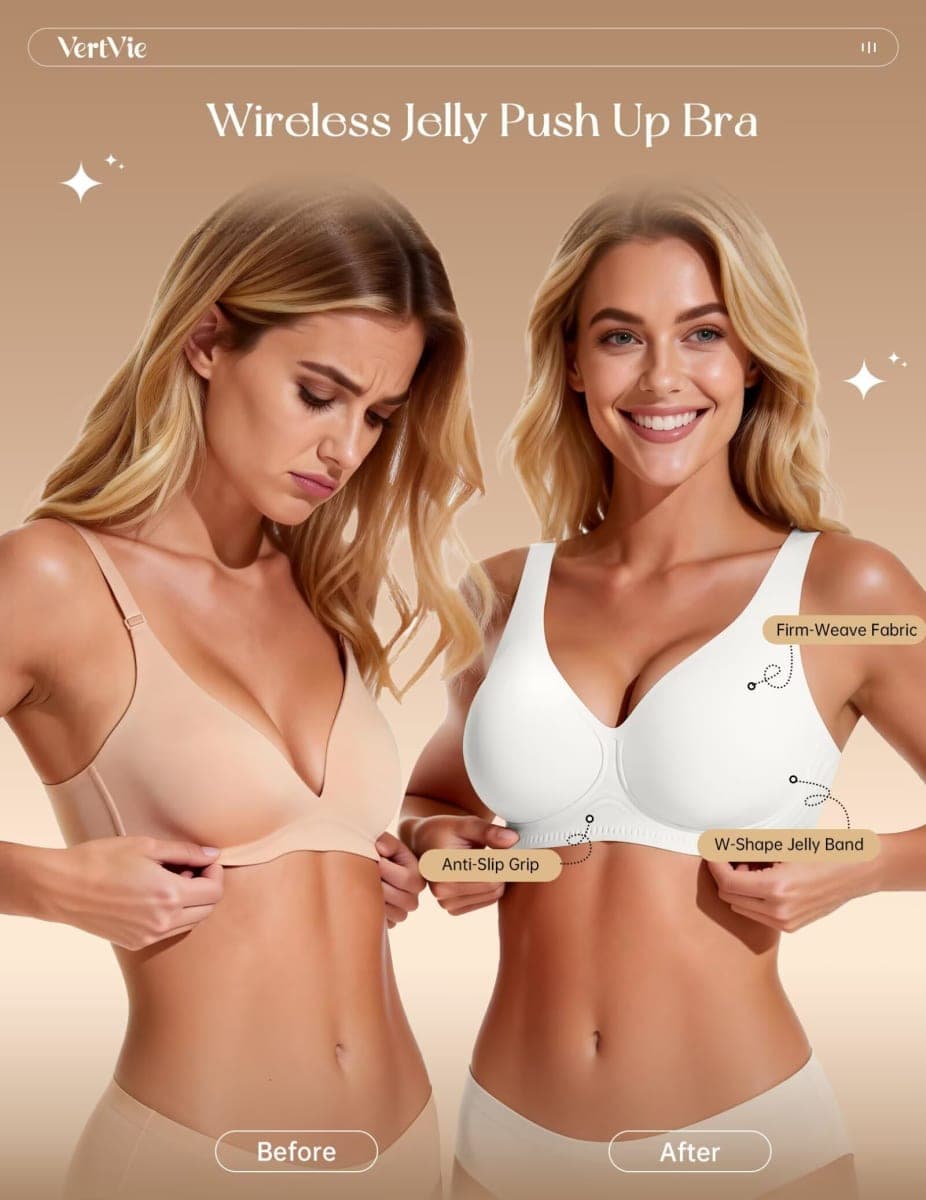 Vertvie 2026 Womens Wireless Jelly Bras Cup-Engineered Support Deep V Push Up Lift Bra Seamless No Underwire T-Shirt Bralette, White, 36C thumbnail 2