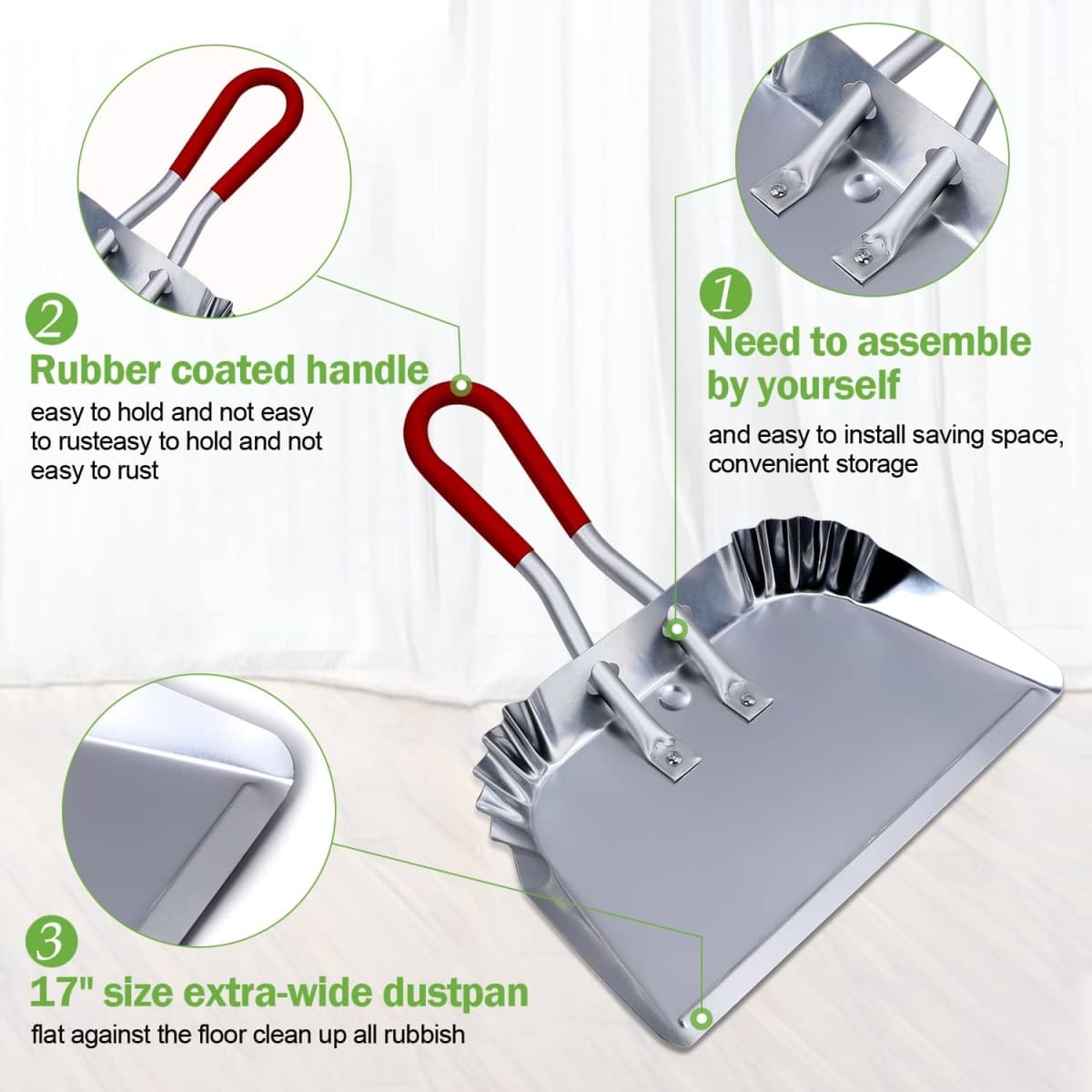 TOP DOG Metal Dustpan 17”, Aluminum Dust Pans Heavy Duty Does not Chip or Bend Sheet Metal Edge Flat Against Floor for Small Item Sweeping Rubber Coated Easy to Grasp Handle (2pcs) thumbnail 3