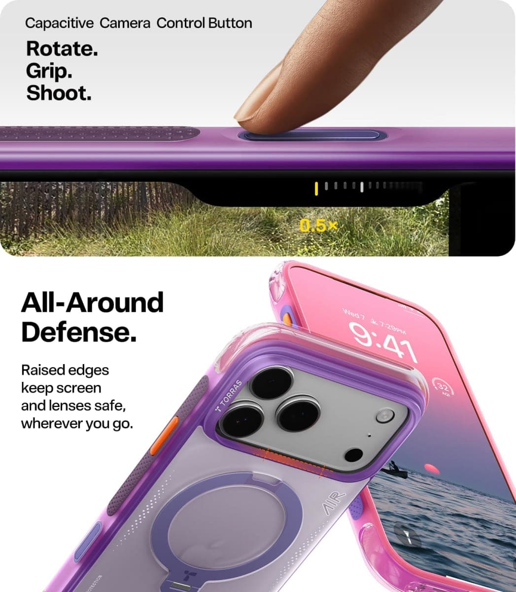 TORRAS Ostand Q3 Air for iPhone 17 Pro Max Case with 360 Magnetic Stand, Fit for MagSafe, Mil-Grade Drop Tested, Camera Control Button, Shockproof Phone Case for iPhone 17 Pro Max 6.9", Neon Pink thumbnail 5