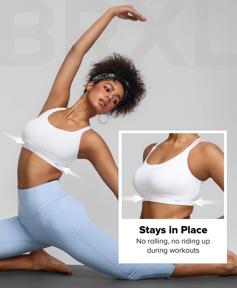 BRXL Sports Bra with Sewn in Pads Light Impact Criss Cross Adjustable Spaghetti Strap Padded Cut Out Cross Back Yoga Workout, White, Small thumbnail 5