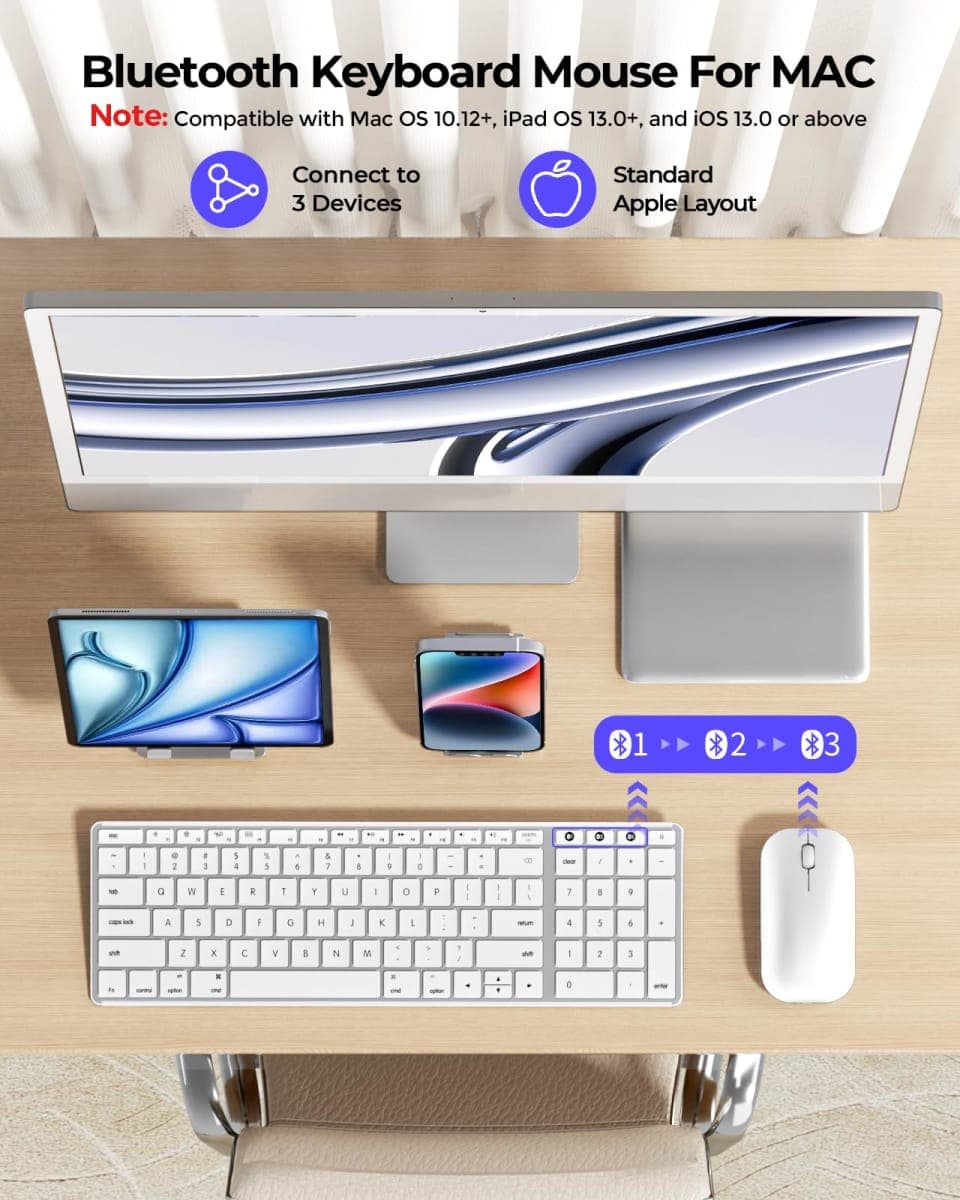 seenda Bluetooth Keyboard and Mouse Combo for Mac, SKM64-2 Rechargeable Slim Wireless Keyboard Mouse Compact, 3 Multi-Device Connection, Compatible for Mac, MacBook Pro/Air, iPad, White Silver thumbnail 2