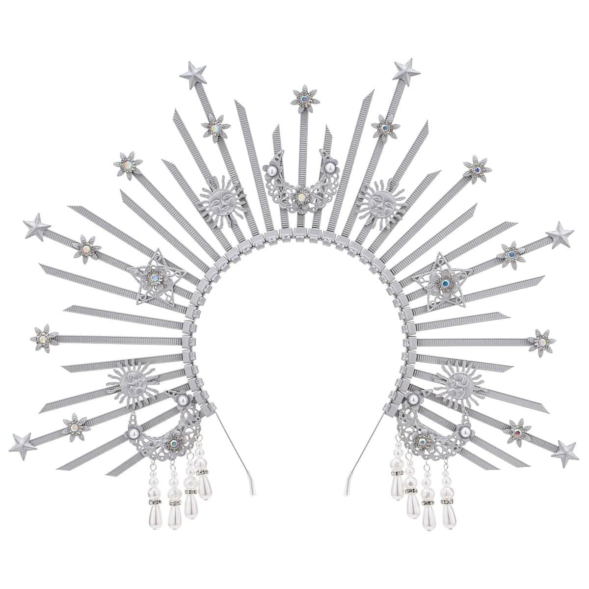 COSUCOS Sunburst Spike Sun Crown - Moon Star Greek Goddess Silver Halo Headband with Tassel, Angel Queen Costume Virgin Mary Headpiece for Women Renaissance Halloween Wedding Cosplay Accessorice — image 1