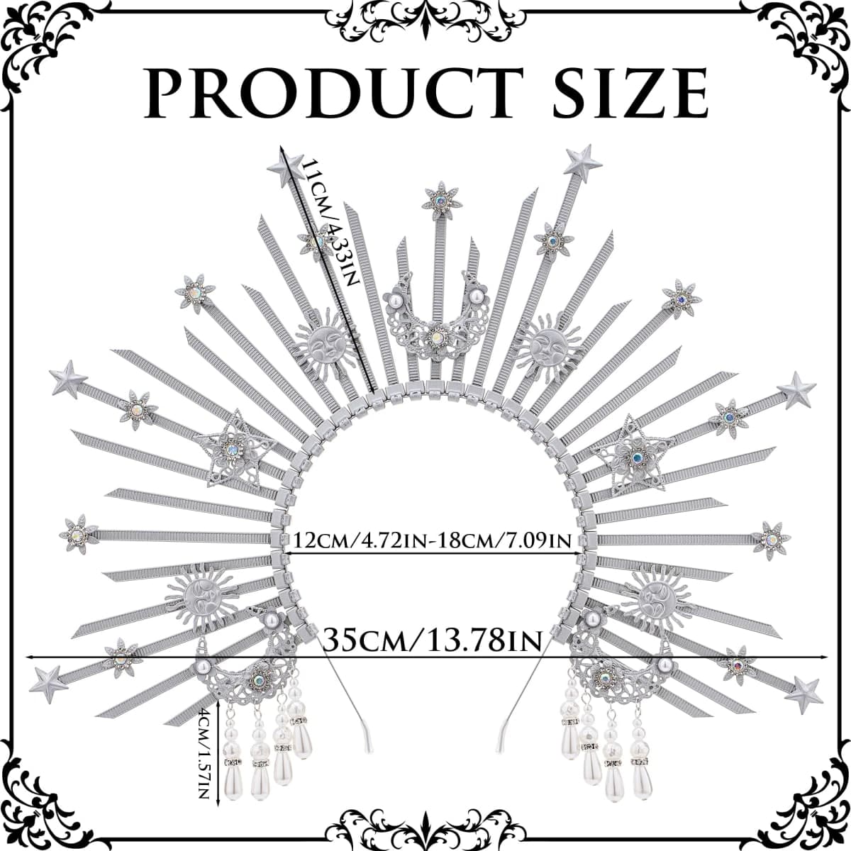 COSUCOS Sunburst Spike Sun Crown - Moon Star Greek Goddess Silver Halo Headband with Tassel, Angel Queen Costume Virgin Mary Headpiece for Women Renaissance Halloween Wedding Cosplay Accessorice thumbnail 2