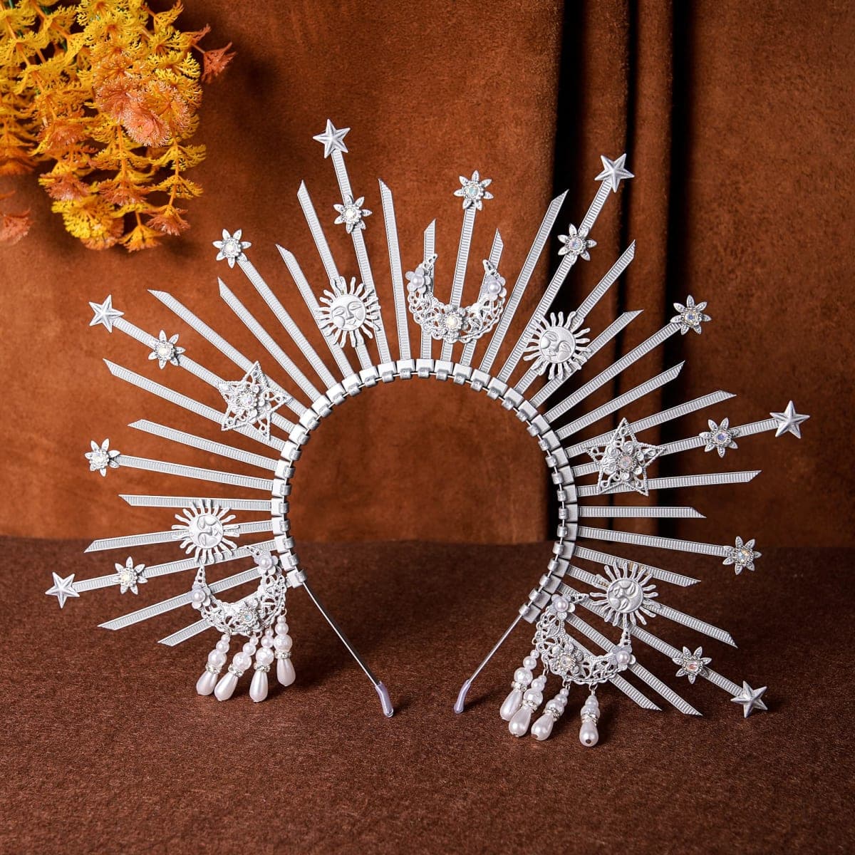 COSUCOS Sunburst Spike Sun Crown - Moon Star Greek Goddess Silver Halo Headband with Tassel, Angel Queen Costume Virgin Mary Headpiece for Women Renaissance Halloween Wedding Cosplay Accessorice thumbnail 4