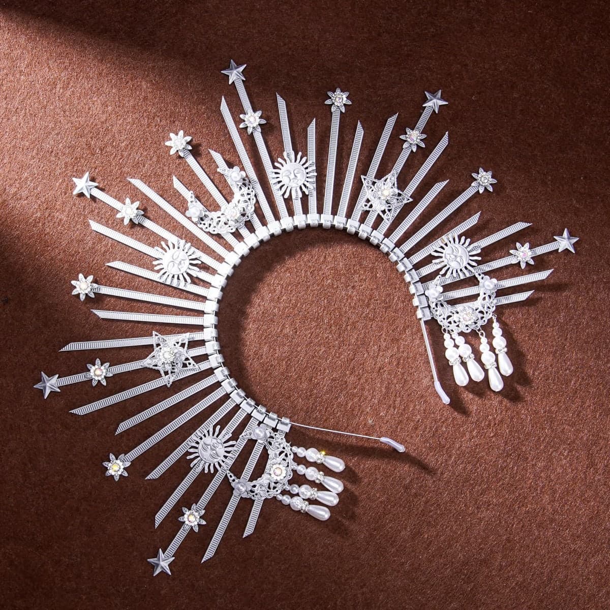 COSUCOS Sunburst Spike Sun Crown - Moon Star Greek Goddess Silver Halo Headband with Tassel, Angel Queen Costume Virgin Mary Headpiece for Women Renaissance Halloween Wedding Cosplay Accessorice thumbnail 5