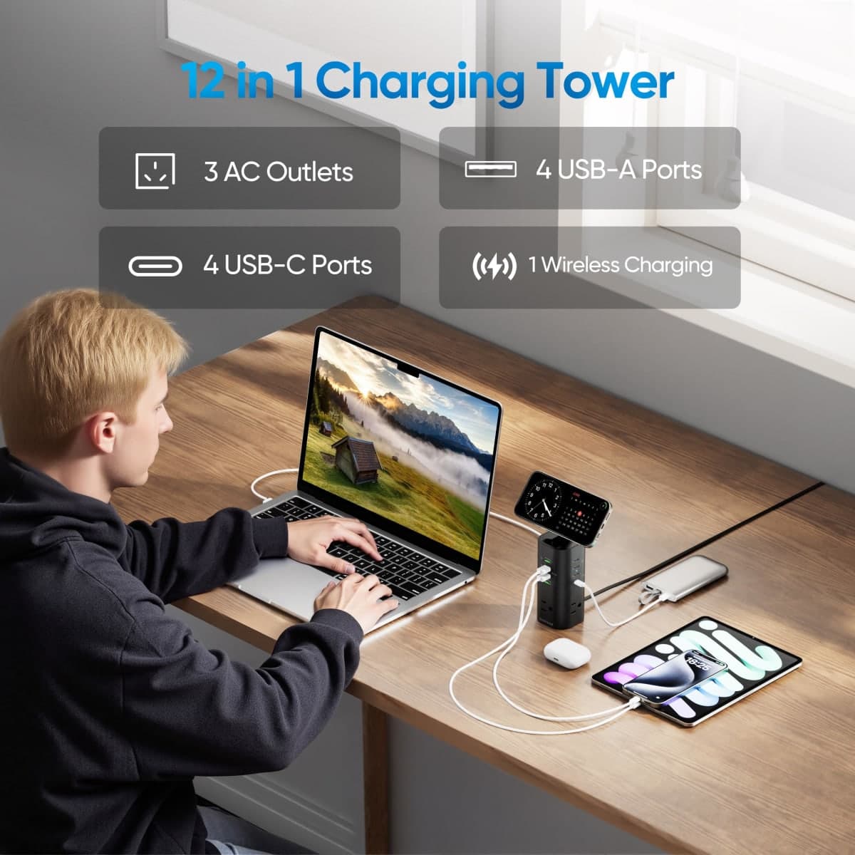 160W Fast Charging Station, TenTrend Power Strip Tower Surge Protector with 3 AC Outlets & 8 USB Ports (4 USB-C), 5 FT Flat Plug Extension Cord with Multiple Outlets for Home Office thumbnail 2