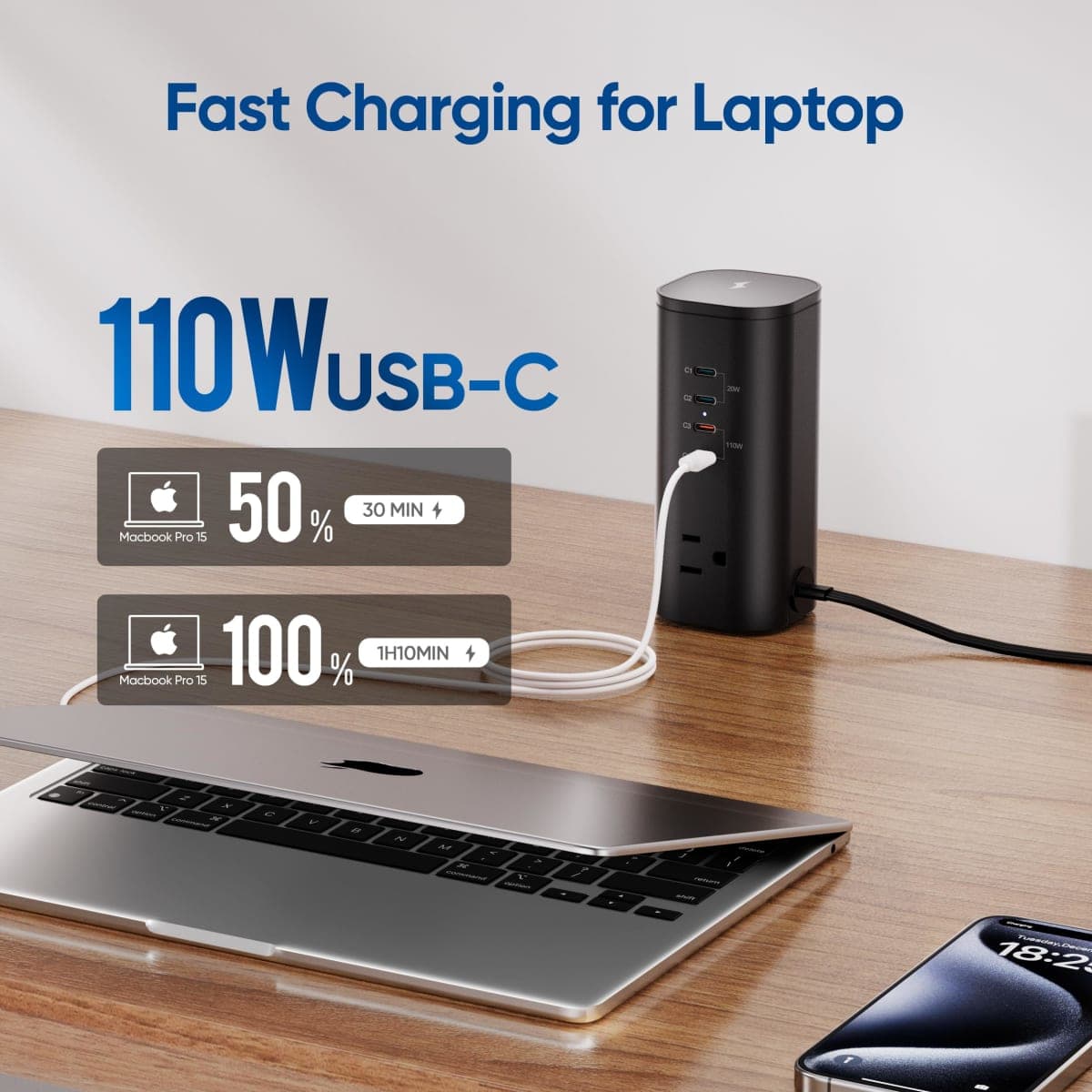 160W Fast Charging Station, TenTrend Power Strip Tower Surge Protector with 3 AC Outlets & 8 USB Ports (4 USB-C), 5 FT Flat Plug Extension Cord with Multiple Outlets for Home Office thumbnail 3