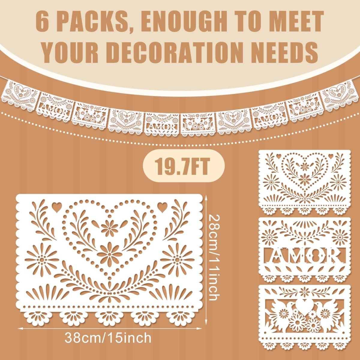 6 Pack White Papel Picado Mexican Wedding Cielito Lindo Party Decoration 118 Feet White Dia De Los Muertos Decorations Classroom Banner for Altar Mexican Wedding Birthday(Amor) thumbnail 2