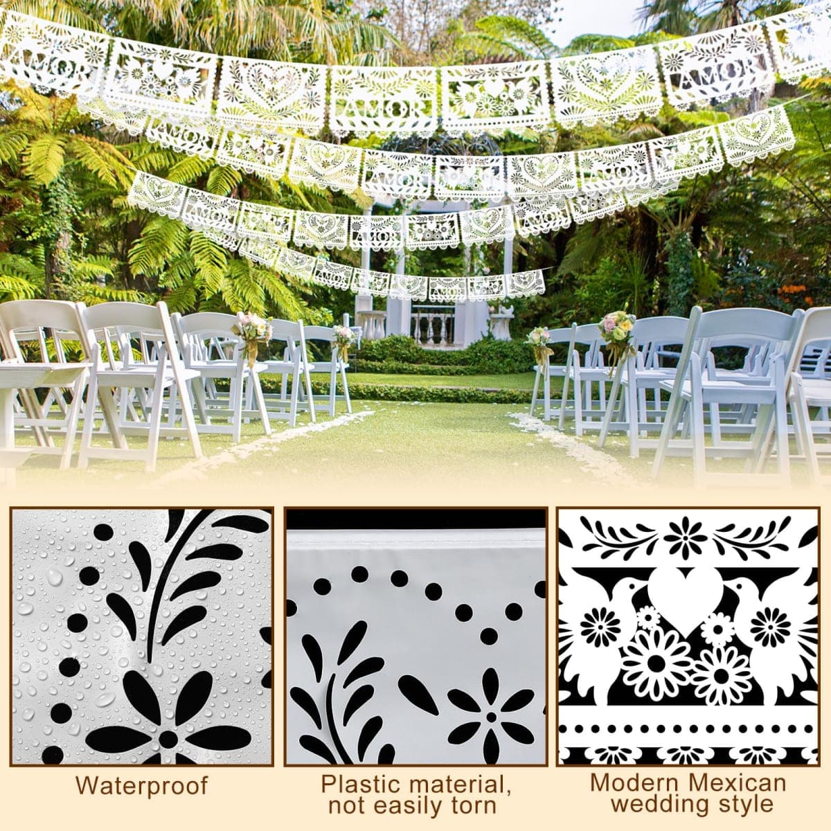 6 Pack White Papel Picado Mexican Wedding Cielito Lindo Party Decoration 118 Feet White Dia De Los Muertos Decorations Classroom Banner for Altar Mexican Wedding Birthday(Amor) thumbnail 3