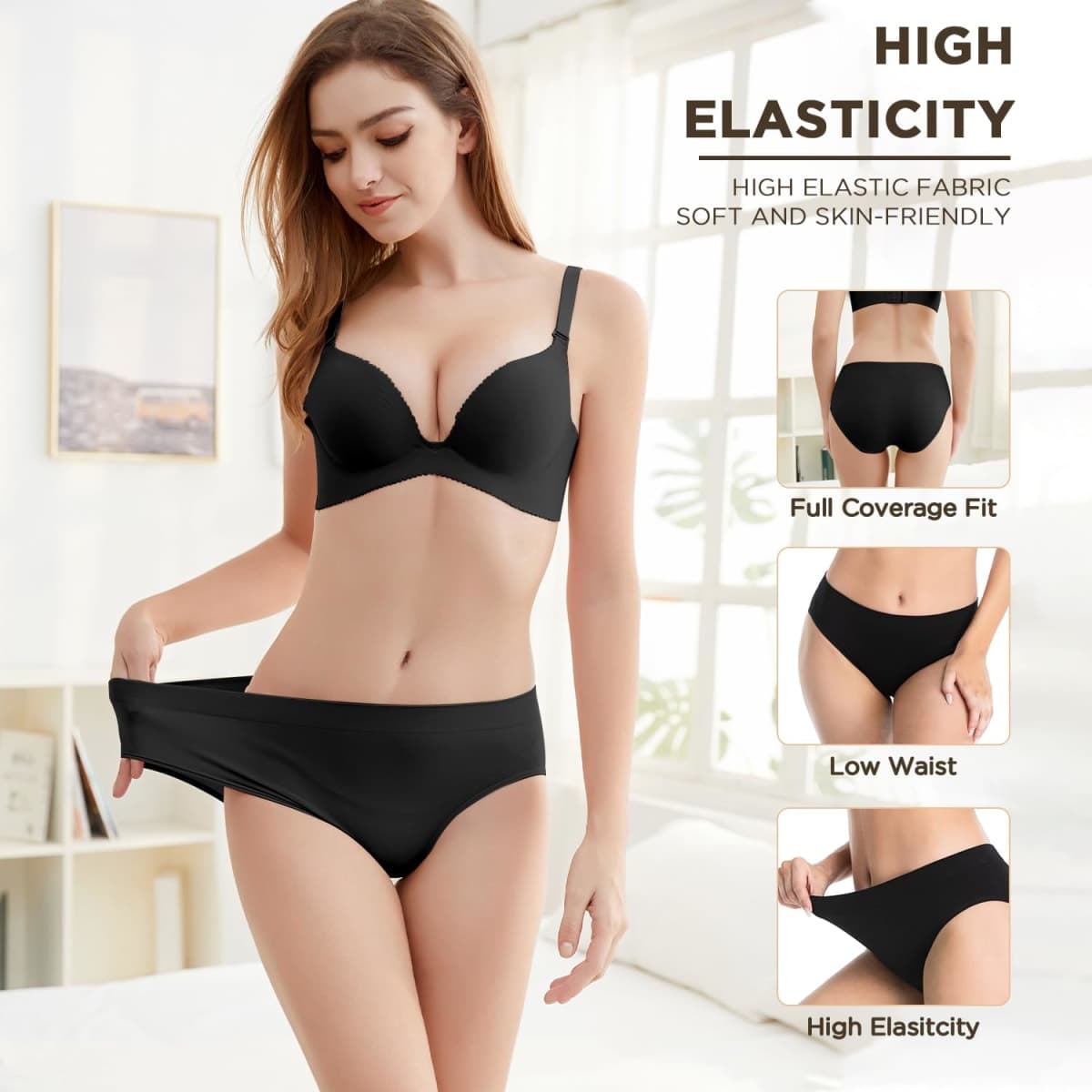 Womens Bikini Panties Seamless Underwear, Soft Stretch Cheekini Hipster Briefs 6 Pack (Black XL) thumbnail 4