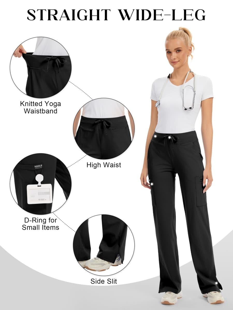 Kecols Yoga Scrub Pants Women High-Rise Straight Leg Uniform Cargo Bottom with Yoga Waistband,5 Pockets & 4-Way Stretch, Black, Small thumbnail 3