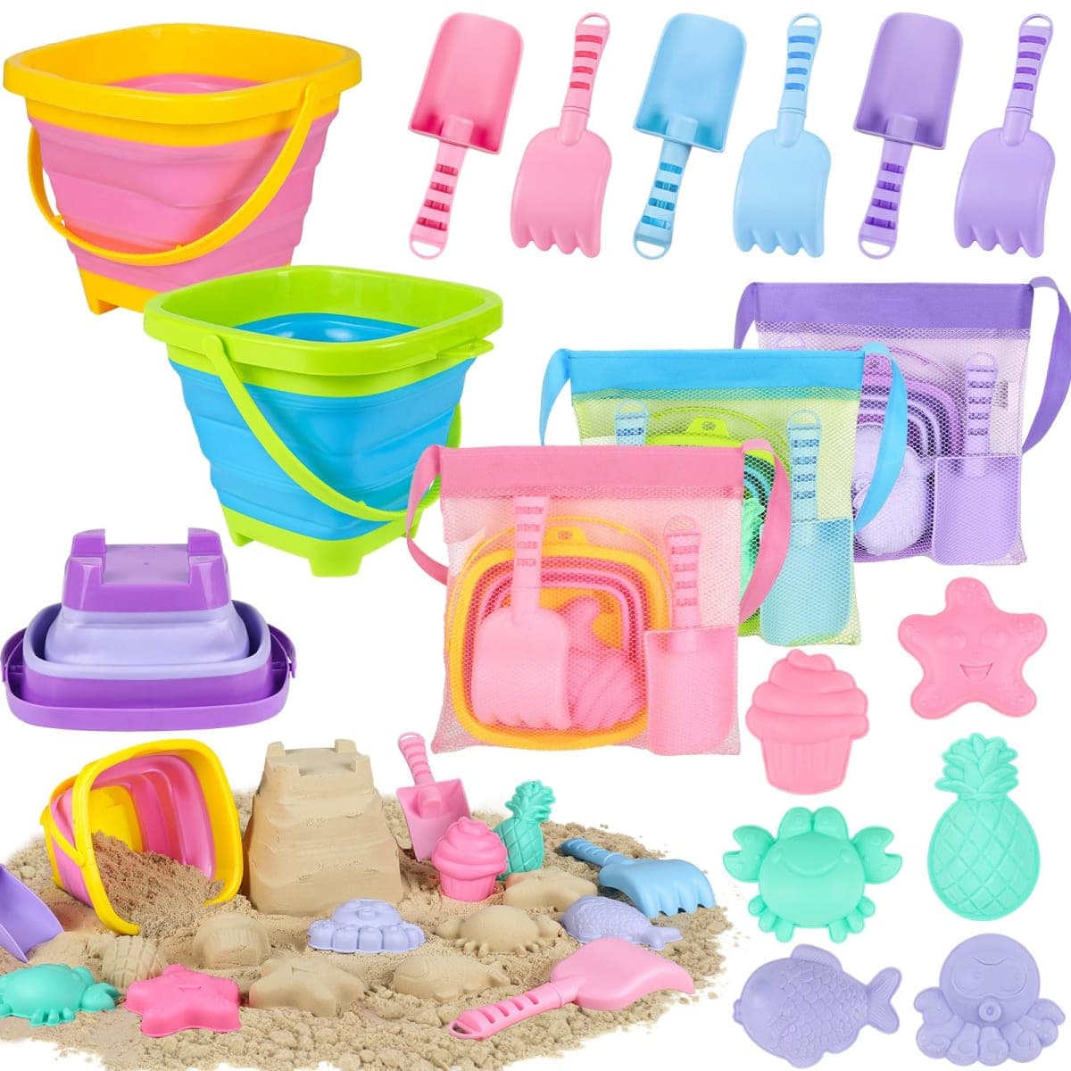 3 Pack Foldable Sand Buckets and Shovels Set with Mesh Bag — image 1