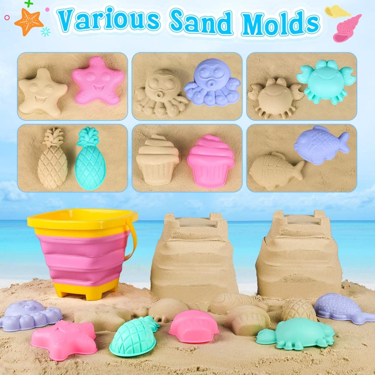 3 Pack Foldable Sand Buckets and Shovels Set with Mesh Bag thumbnail 2