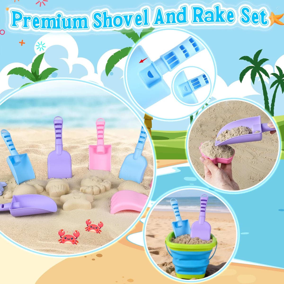 3 Pack Foldable Sand Buckets and Shovels Set with Mesh Bag thumbnail 3