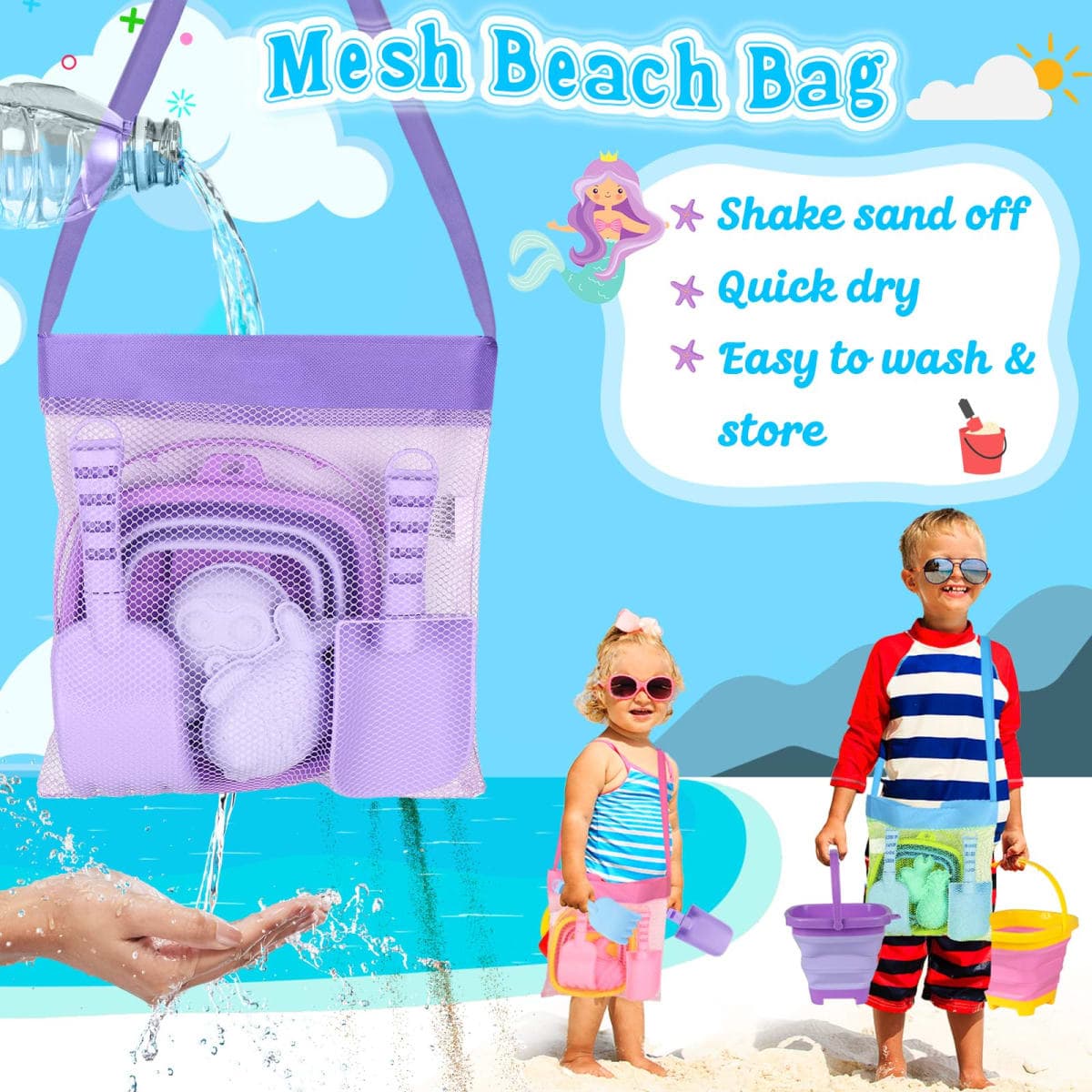 3 Pack Foldable Sand Buckets and Shovels Set with Mesh Bag thumbnail 4