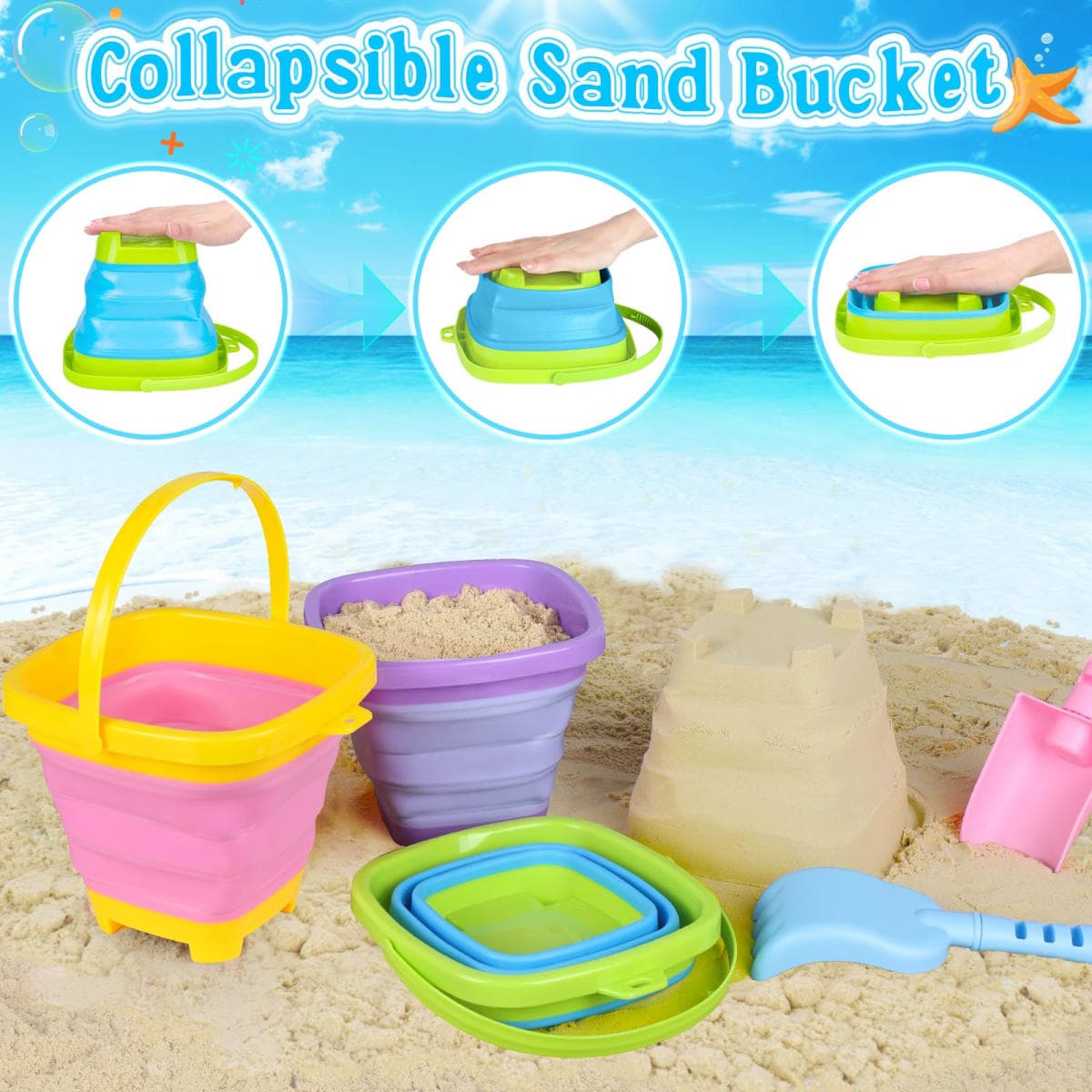 3 Pack Foldable Sand Buckets and Shovels Set with Mesh Bag thumbnail 5