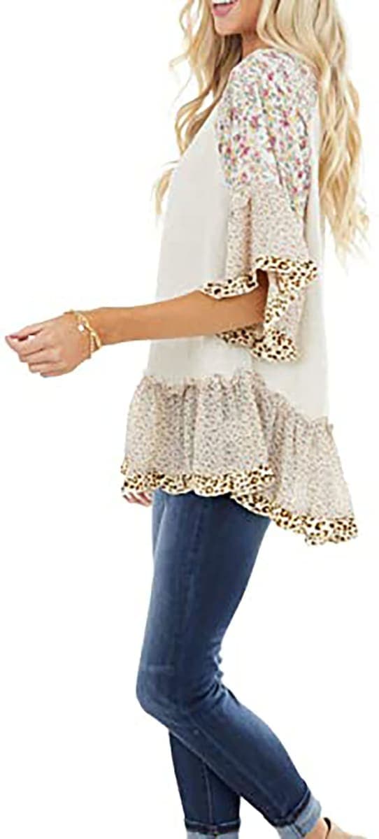 CASURESS Women's Floral Printed Ruffle 3 4 Sleeve Shirt Batwing Loose Tops Blouses Pullover, White, XX-Large thumbnail 2