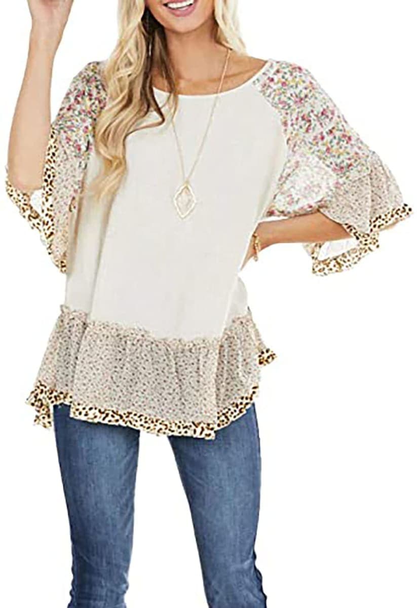 CASURESS Women's Floral Printed Ruffle 3 4 Sleeve Shirt Batwing Loose Tops Blouses Pullover, White, XX-Large thumbnail 3