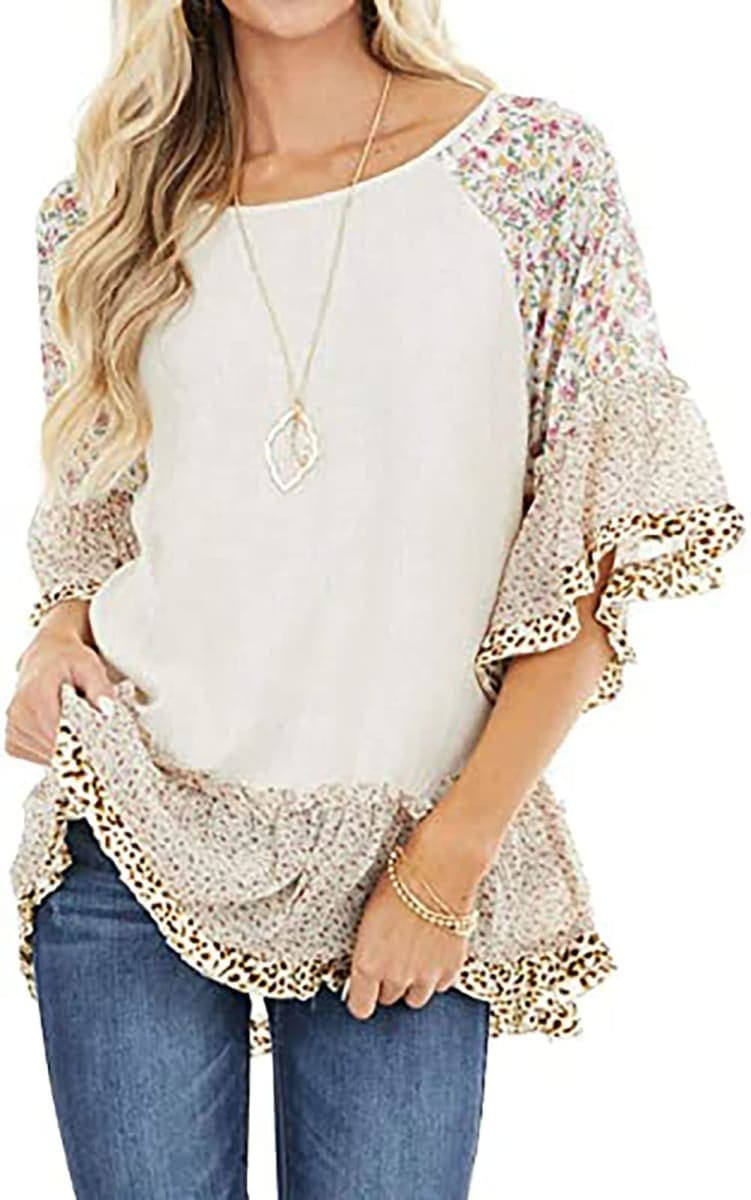CASURESS Women's Floral Printed Ruffle 3 4 Sleeve Shirt Batwing Loose Tops Blouses Pullover, White, XX-Large thumbnail 4