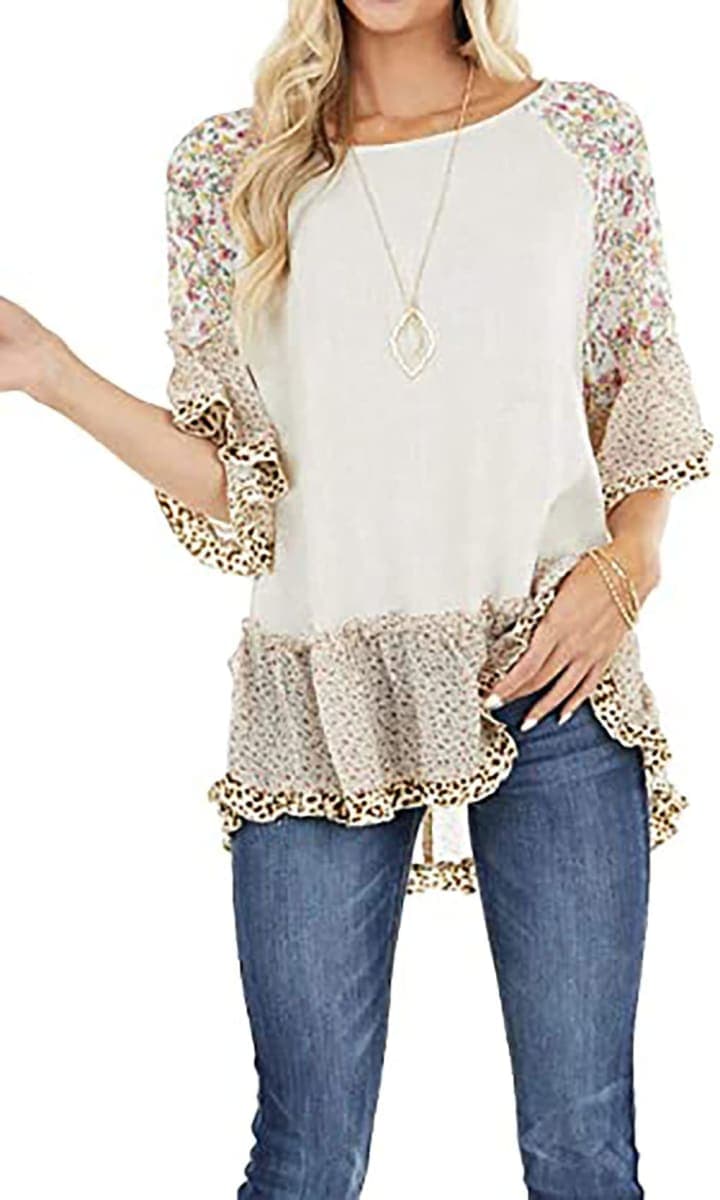 CASURESS Women's Floral Printed Ruffle 3 4 Sleeve Shirt Batwing Loose Tops Blouses Pullover, White, XX-Large thumbnail 5