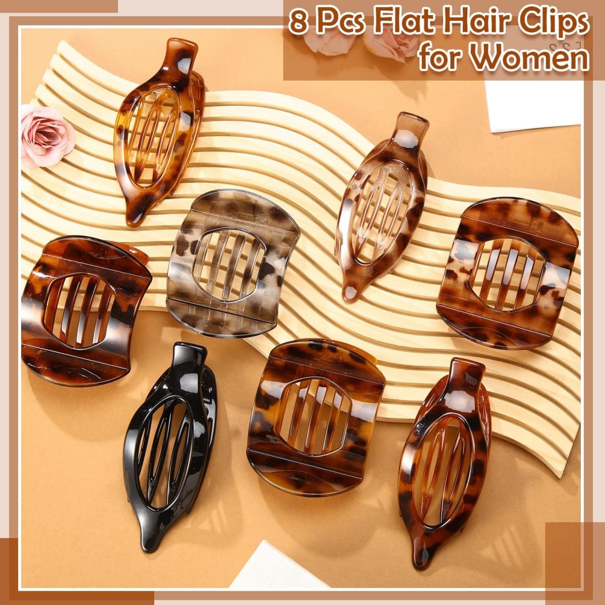 8 Pcs Flat Hair Clips for Women, 2 Styles French Flat Claw Clips for Women, Large Strong Hold Hair Claw Clips For Thick Thin Hair(Tortoiseshell) thumbnail 5