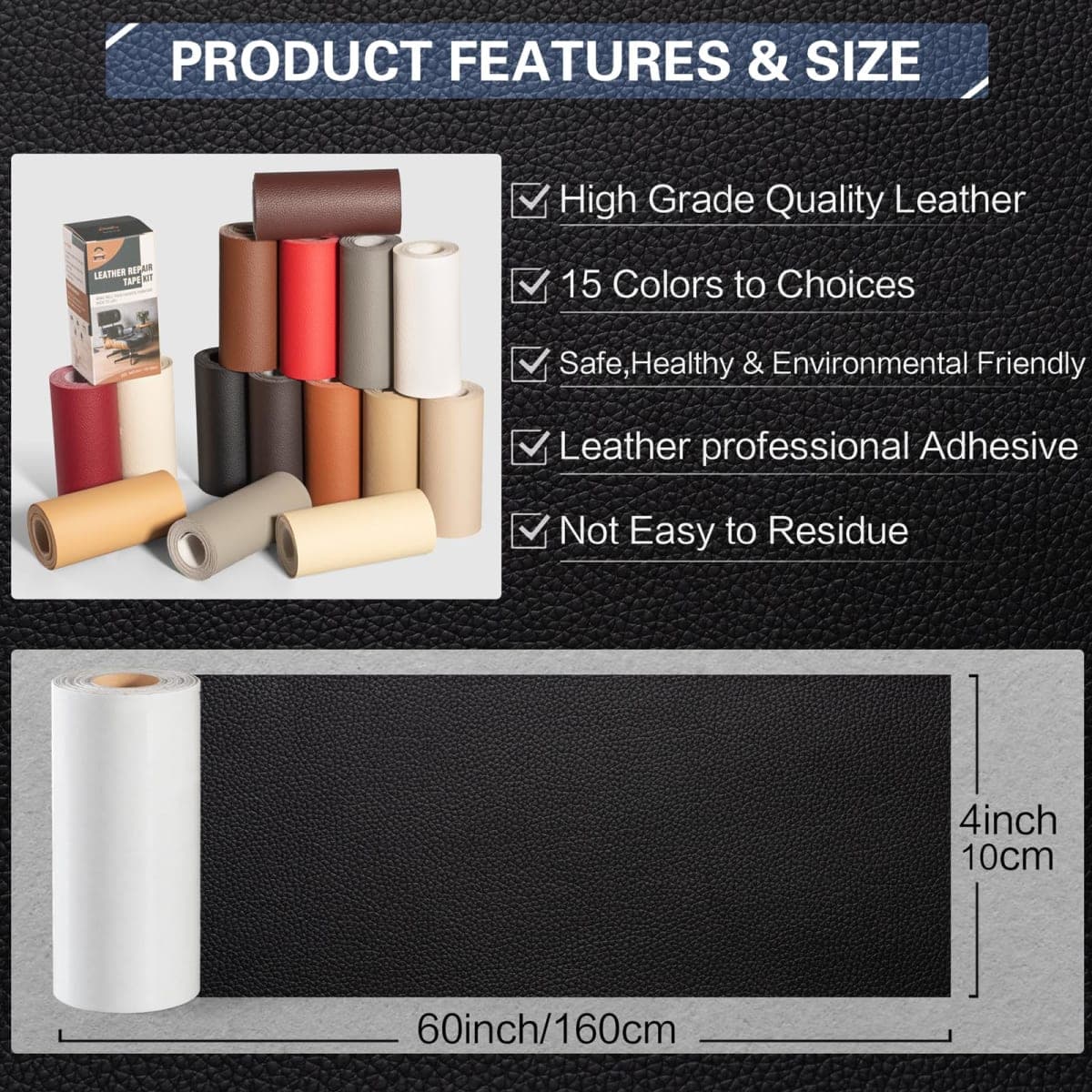Leather Repair Kit for Furniture 4"x 63" Leather Tape Repair Patch Self Adhesive Sofa Vinyl Repair Patch Kit for Car Seat,Couch,Boat Seat,Chair - Dark Brown thumbnail 3