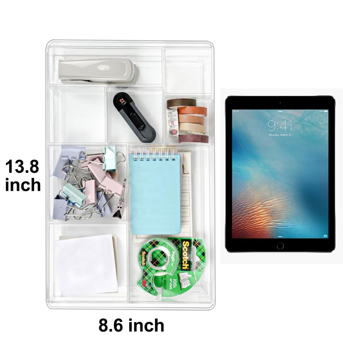 ZEXALOR 8-Section Clear Drawer Organizer, Large Acrylic Drawer Divider Tray for Desk,Bathroom,Office Makeup,Junk, Plastic Drawers Organizer 13.7" x 8.7" x 2" (8-Section) thumbnail 2
