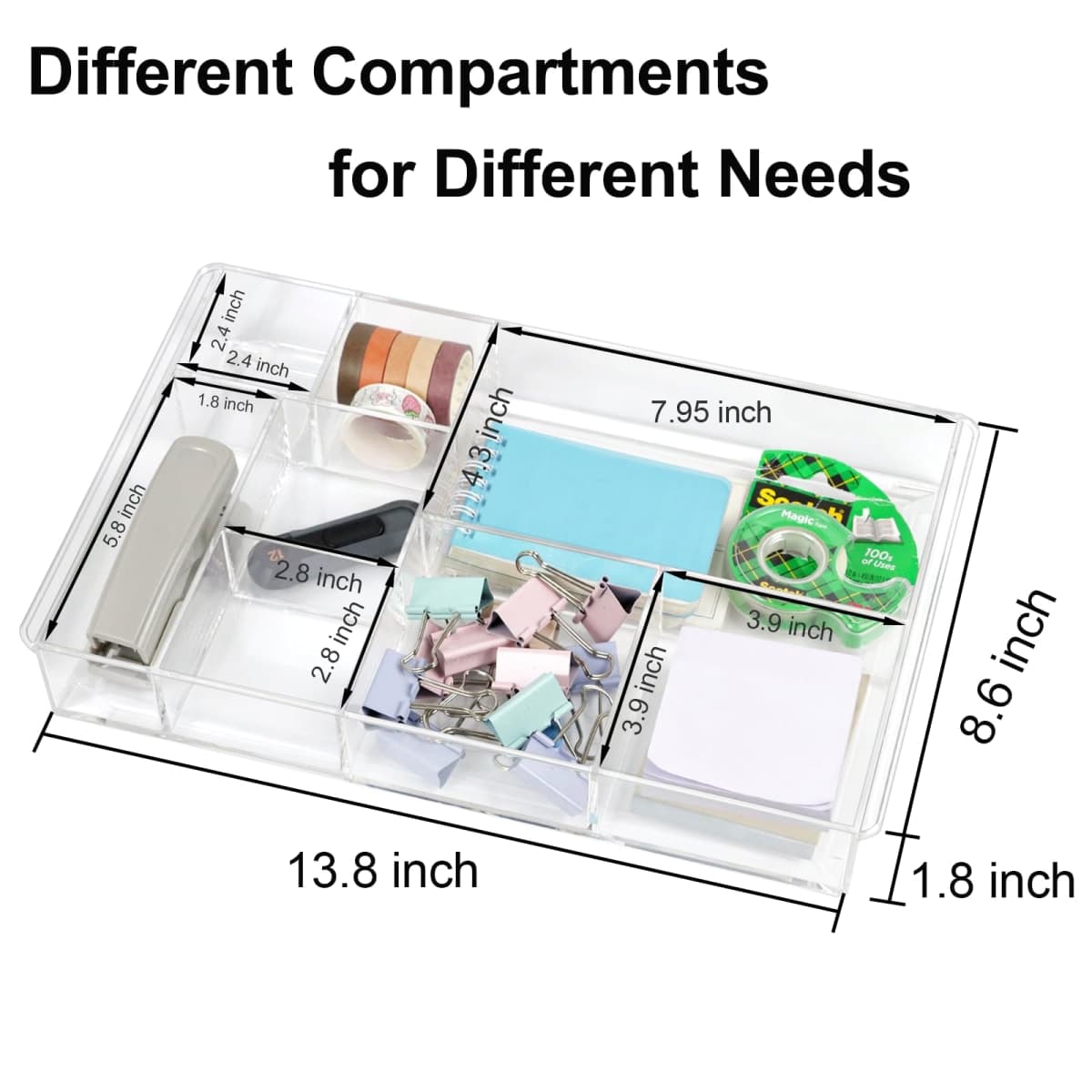 ZEXALOR 8-Section Clear Drawer Organizer, Large Acrylic Drawer Divider Tray for Desk,Bathroom,Office Makeup,Junk, Plastic Drawers Organizer 13.7" x 8.7" x 2" (8-Section) thumbnail 5