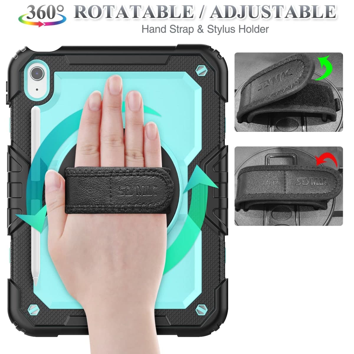 SEYMAC stock Case for iPad (A16) 11th/10th Generation 2025/2022, Full-Body Drop Protection Case with Screen Protector &360° Rotate Hand Strap/Stand, usLightBlue thumbnail 2