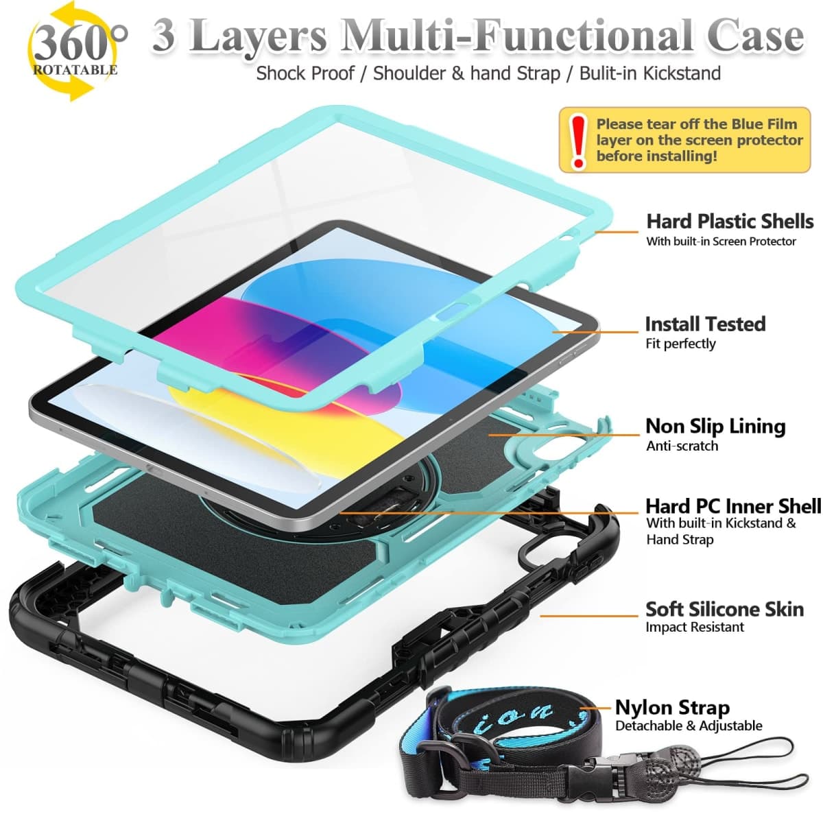 SEYMAC stock Case for iPad (A16) 11th/10th Generation 2025/2022, Full-Body Drop Protection Case with Screen Protector &360° Rotate Hand Strap/Stand, usLightBlue thumbnail 5
