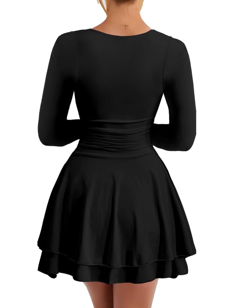 Kaximil Women's Crew Neck Long Sleeve Corset Mini Dress Ruffle Hem Short Party Club Dresses, Black, Medium thumbnail 2