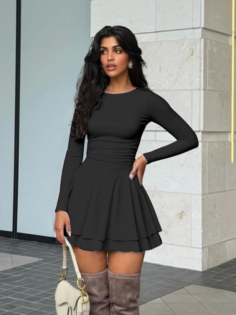 Kaximil Women's Crew Neck Long Sleeve Corset Mini Dress Ruffle Hem Short Party Club Dresses, Black, Medium thumbnail 3