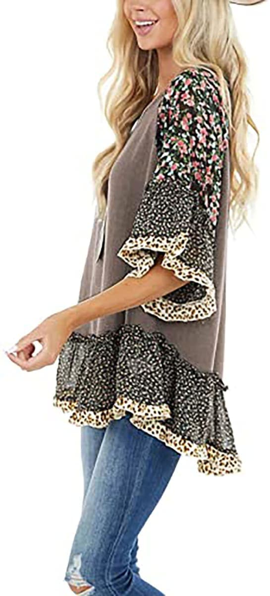 CASURESS Women's Floral Printed Ruffle 3 4 Sleeve Shirt Batwing Loose Tops Blouses Pullover, Coffee, XX-Large thumbnail 2