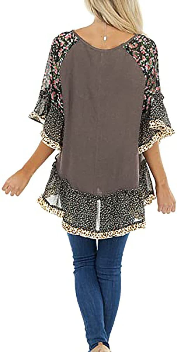 CASURESS Women's Floral Printed Ruffle 3 4 Sleeve Shirt Batwing Loose Tops Blouses Pullover, Coffee, XX-Large thumbnail 3
