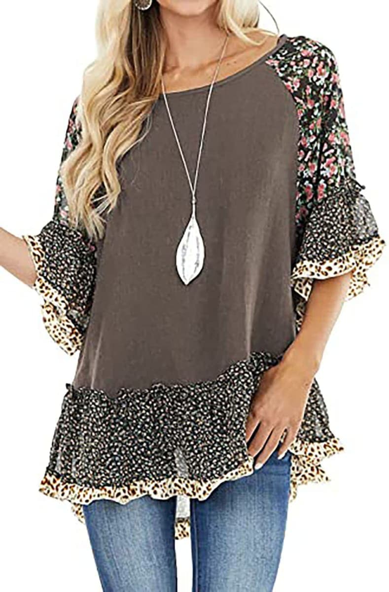CASURESS Women's Floral Printed Ruffle 3 4 Sleeve Shirt Batwing Loose Tops Blouses Pullover, Coffee, XX-Large thumbnail 4
