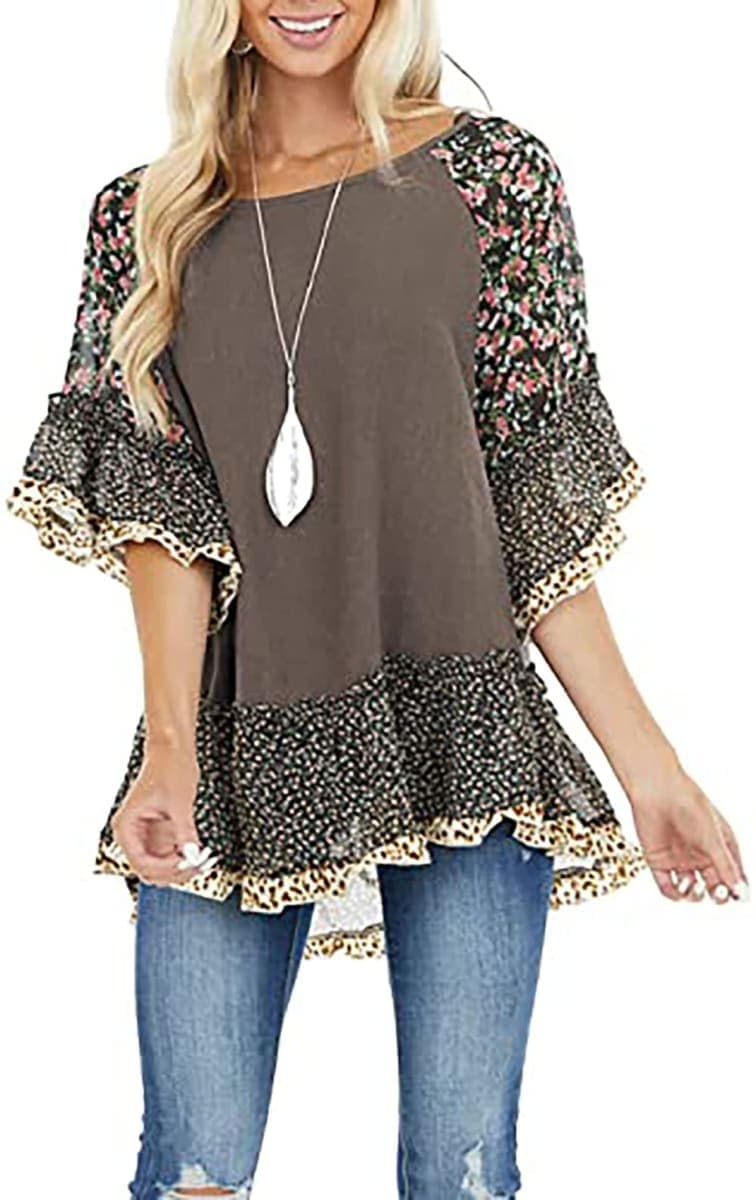 CASURESS Women's Floral Printed Ruffle 3 4 Sleeve Shirt Batwing Loose Tops Blouses Pullover, Coffee, XX-Large thumbnail 5