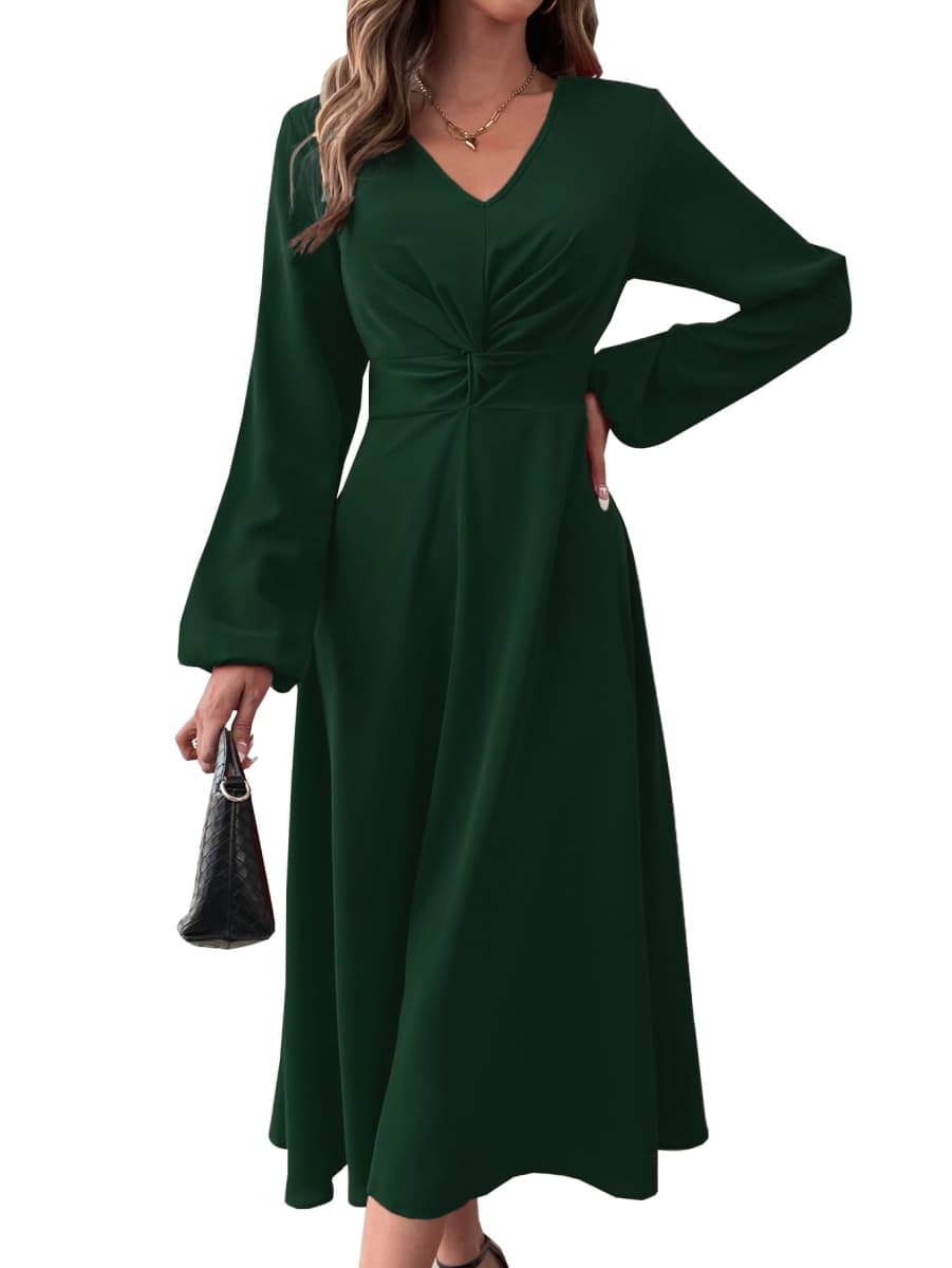 LalaLin Long Sleeve Wedding Guest Dress for Women V-Neck Cocktail Church Maxi Dresses, A=green, X-Large thumbnail 2
