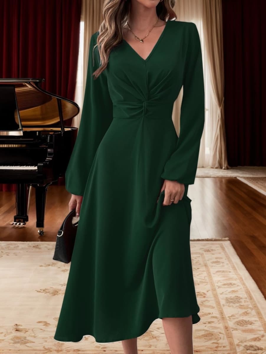 LalaLin Long Sleeve Wedding Guest Dress for Women V-Neck Cocktail Church Maxi Dresses, A=green, X-Large thumbnail 3