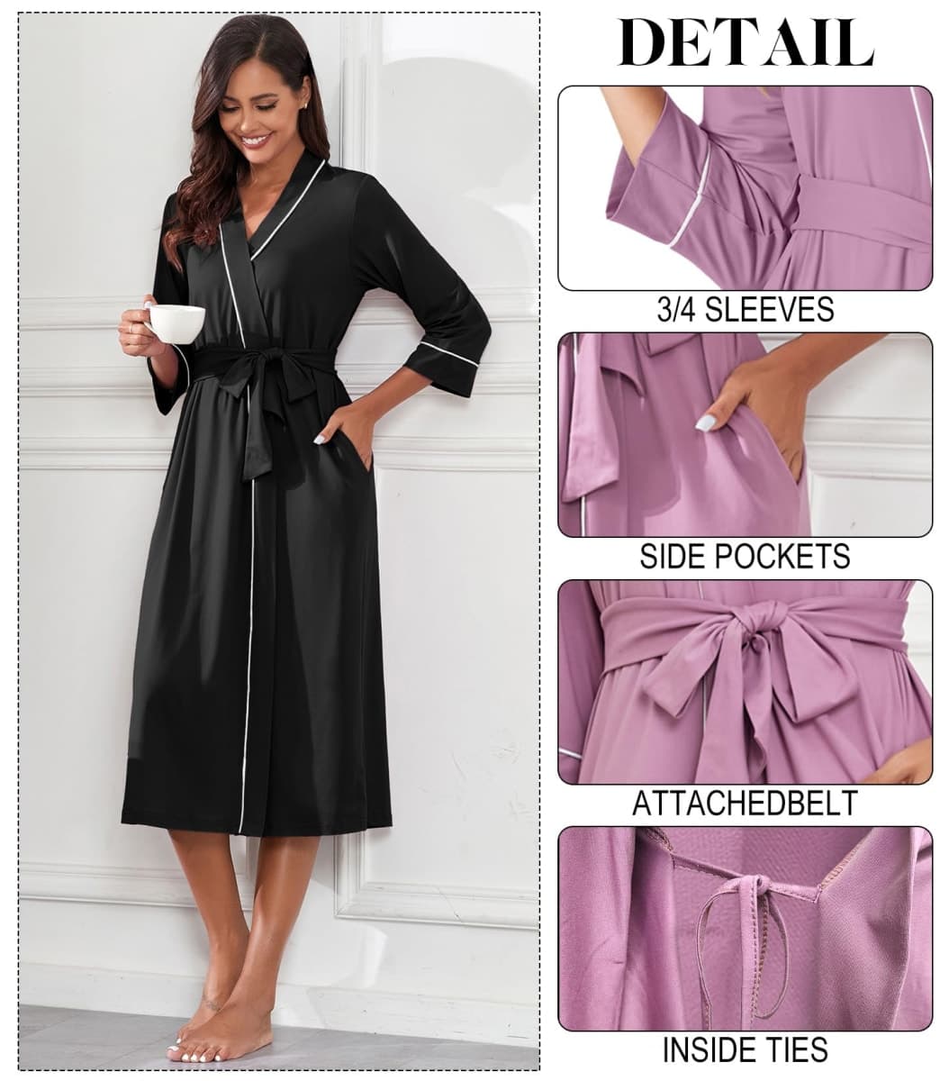 PrinStory Womens Robe Long Kint Bathrobe Lightweight Soft Robes Ladies Bath Robe, Black, Large thumbnail 2