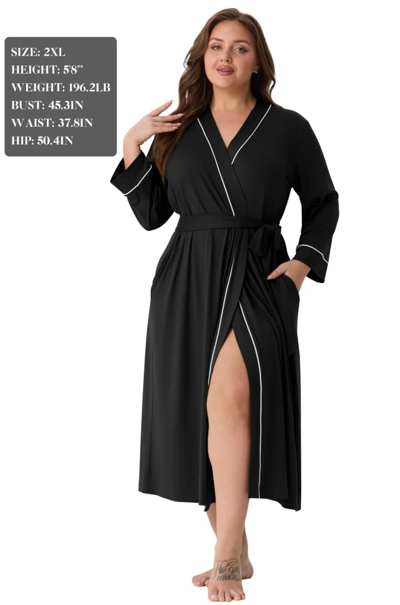 PrinStory Womens Robe Long Kint Bathrobe Lightweight Soft Robes Ladies Bath Robe, Black, Large thumbnail 5