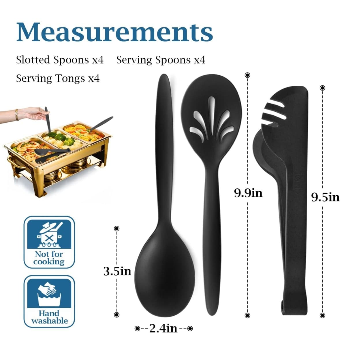 RayPard Reusable Plastic Serving Utensils Set of 12, Wheat straw Large Serving set 10" Serving Spoons/10" Slotted Spoons/9.4" Tongs, for Party Buffet Catering (Black, Not for Cooking) thumbnail 2