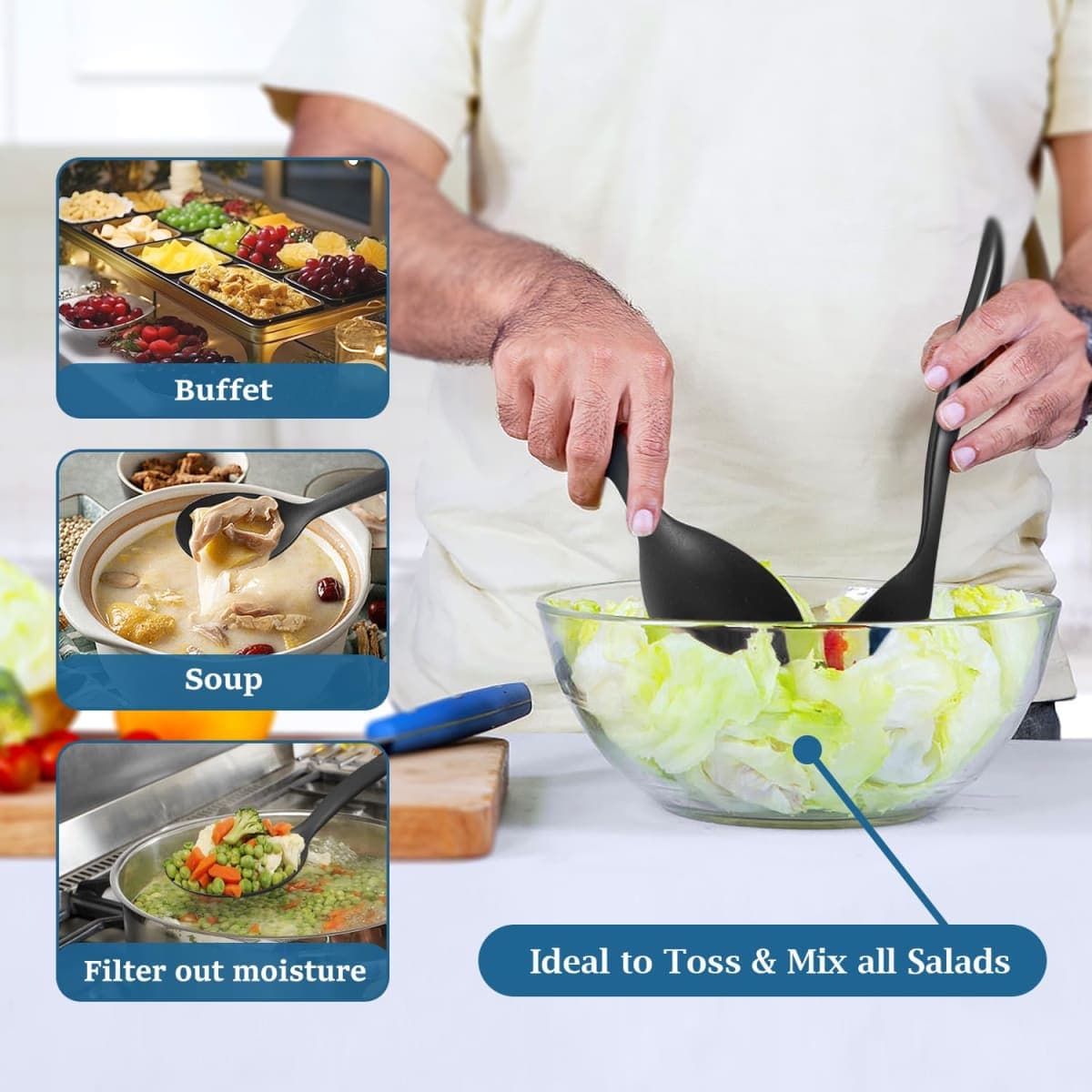 RayPard Reusable Plastic Serving Utensils Set of 12, Wheat straw Large Serving set 10" Serving Spoons/10" Slotted Spoons/9.4" Tongs, for Party Buffet Catering (Black, Not for Cooking) thumbnail 3