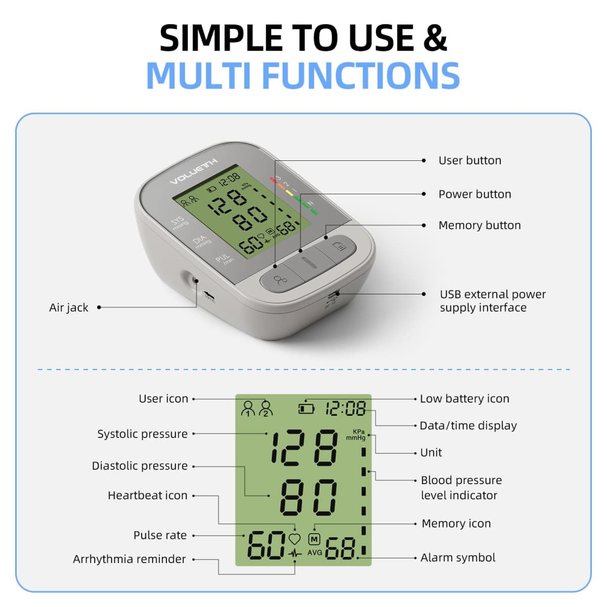 VOLUETH Upper Arm Blood Pressure Cuff, Blood Pressure Monitor for Kids & Adult, Small Cuff 7"-9"，Medium/Large Cuff 9"-17"，Perfect for Health Monitoring thumbnail 2