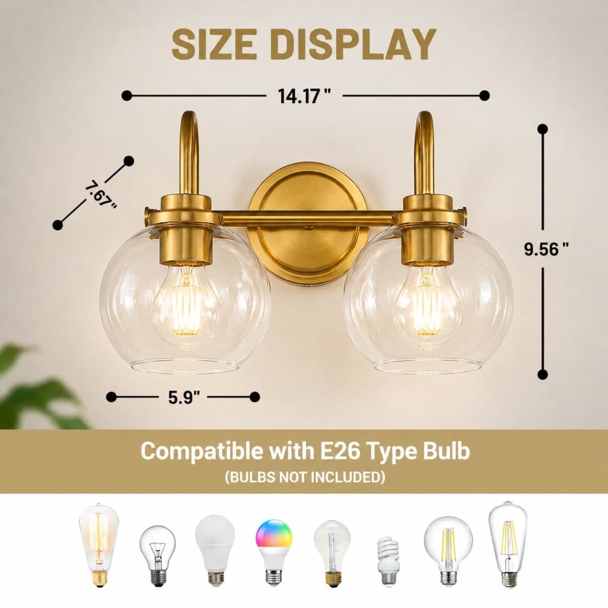 OUVR Gold Vanity Light – 2 Light Bathroom Fixture with Clear Glass Shades, Modern Wall Sconce for Mirror, Vanity Lighting for Bathroom Bedroom Hallway Living Room thumbnail 2