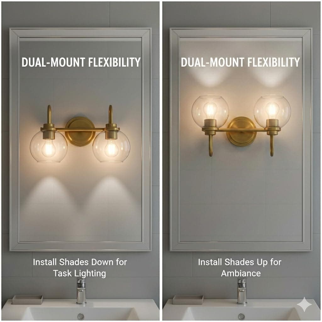 OUVR Gold Vanity Light – 2 Light Bathroom Fixture with Clear Glass Shades, Modern Wall Sconce for Mirror, Vanity Lighting for Bathroom Bedroom Hallway Living Room thumbnail 3