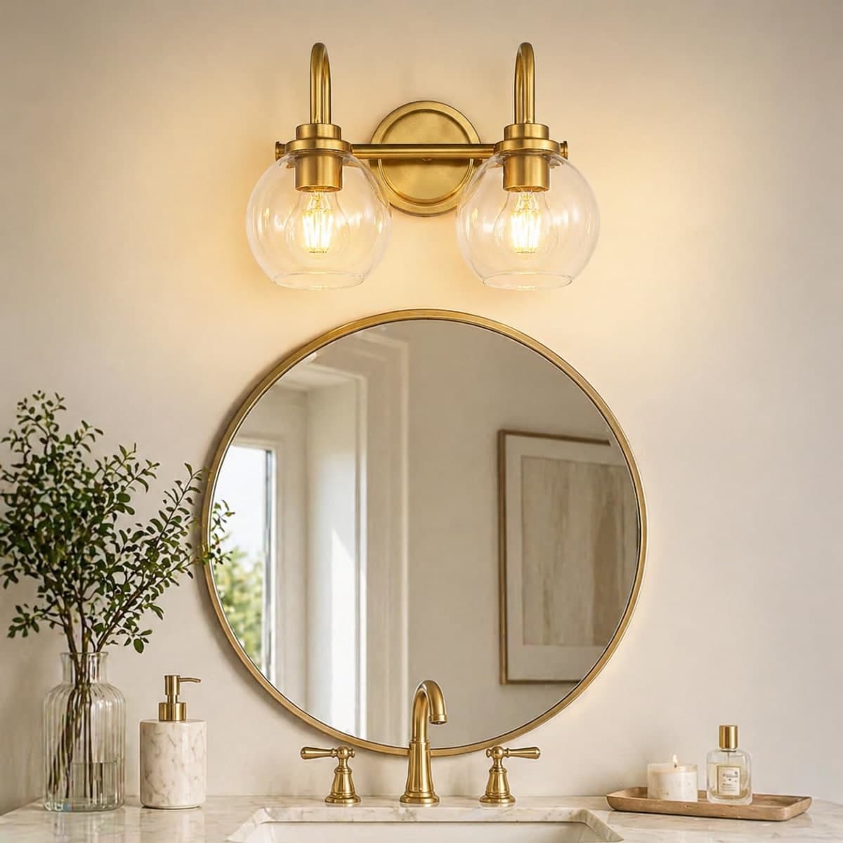 OUVR Gold Vanity Light – 2 Light Bathroom Fixture with Clear Glass Shades, Modern Wall Sconce for Mirror, Vanity Lighting for Bathroom Bedroom Hallway Living Room thumbnail 4